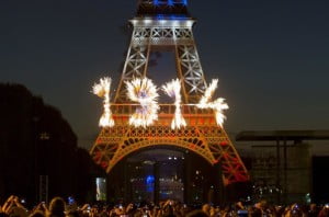 Fireworks form the date '1914' to mark the 100th anniversary of the start of World War I at the Eiffel Tower during France's Bastille Day ceremonies Monday in Paris.