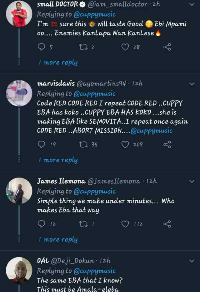 DJ Cuppy cooks seafood soup and Eba