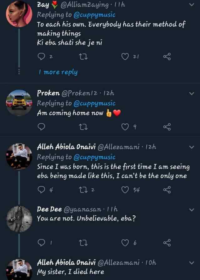 DJ Cuppy cooks seafood soup and Eba