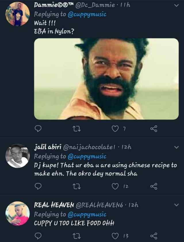 DJ Cuppy cooks seafood soup and Eba