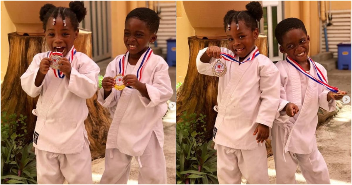Image result for Davido's Daughter, Imade & Tiwa Savage's Son, Show Off Their Karate Medals