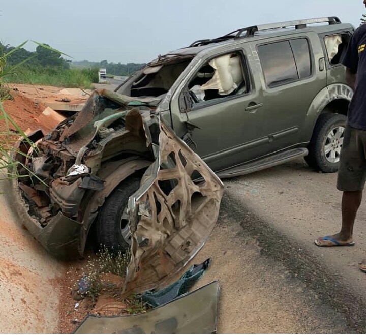 Yul Edochie's car after he survived road accident on Tuesday