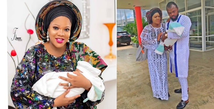 Toyin Abraham, husband attend first church service with son, Ire (photos)