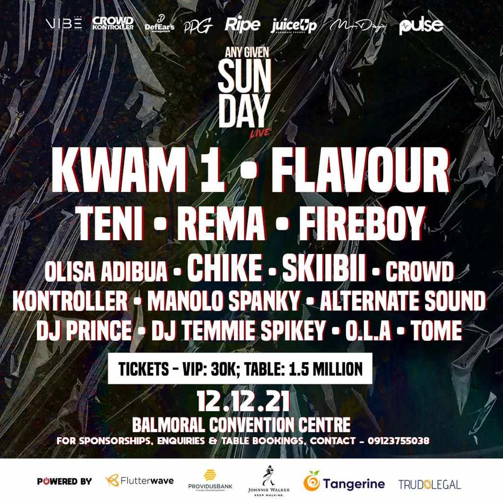 #ANYGIVENSUNDAYLIVE: Kwam1, Flavor, Teni, Rema, Fireboy And A Host Of Others Set To Redefine Live Band Experience This December!