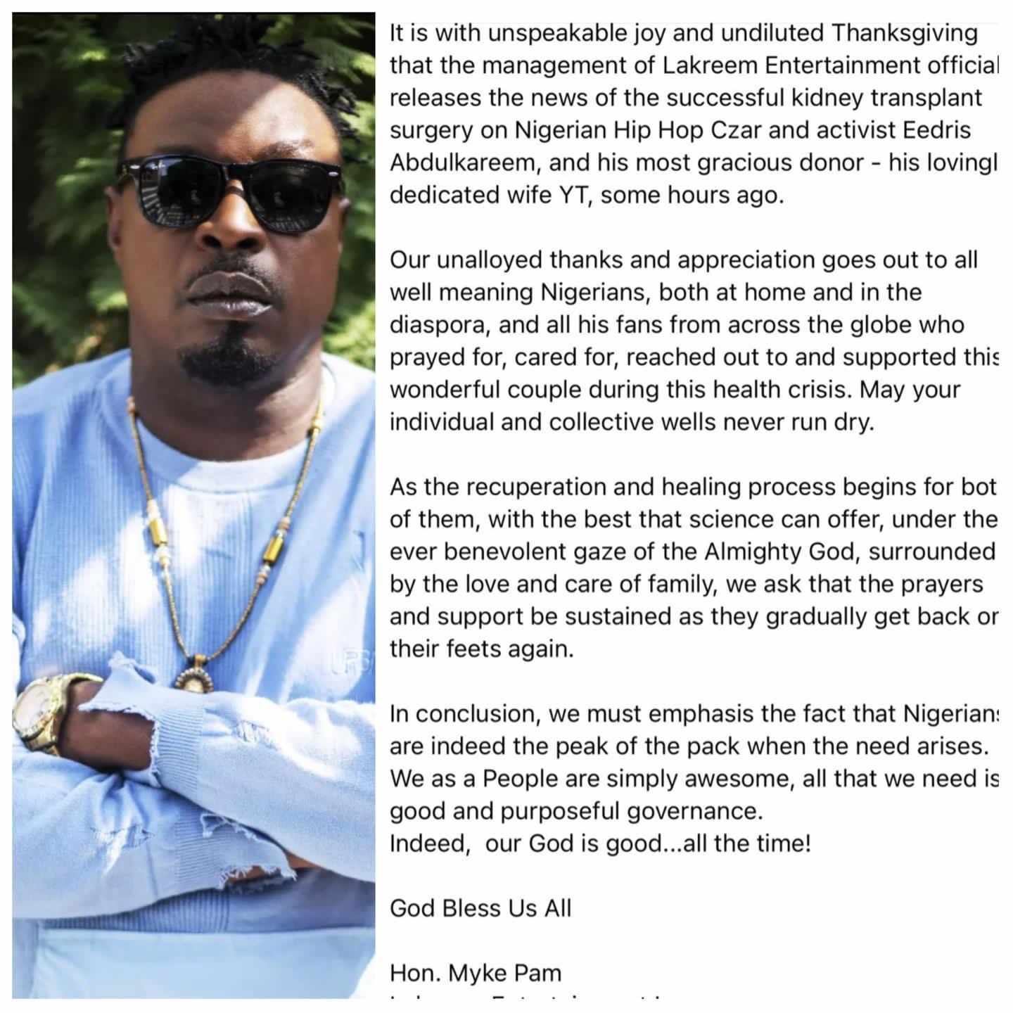 Eedris Abdulkareem Kidney Transplant Successful – Management