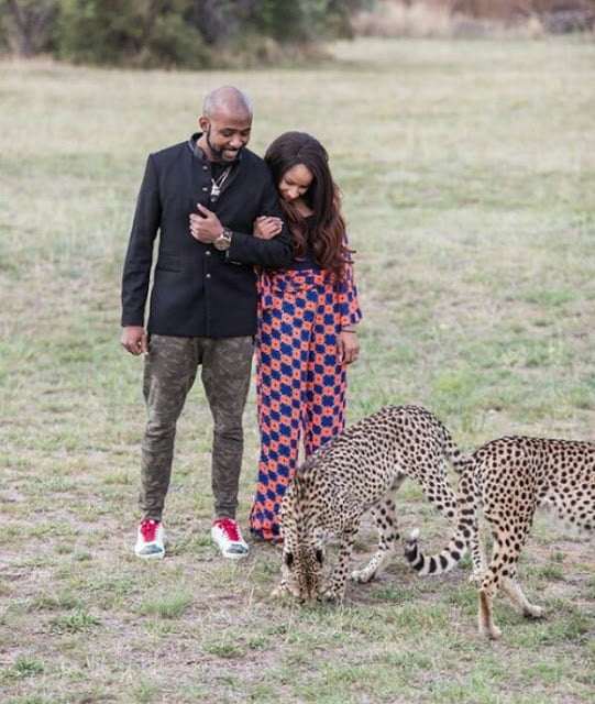  Photos: Newlyweds BankyW and Adesua play with cheetahs
