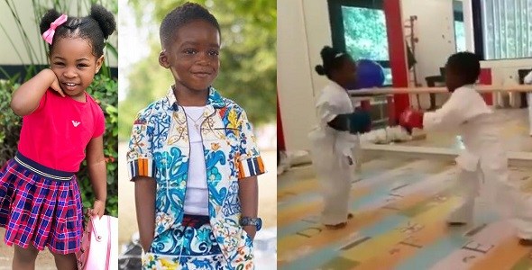 Image result for Davido’s daughter, Imade and Tiwa Savage’s son, Jamil spar in karate class