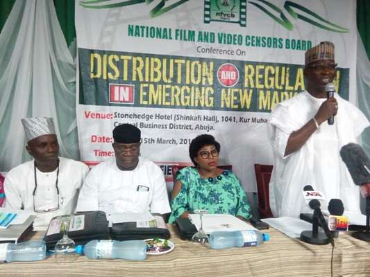 Mrs Grace Gekpe, Permanent Secretary, Federal Ministry of Information and Culture,(middle) ,Mr Adedayo Thomas Executive Director,NFVCB (right) and other stakeholders at a Film Distribution Conference on Friday in Abuja