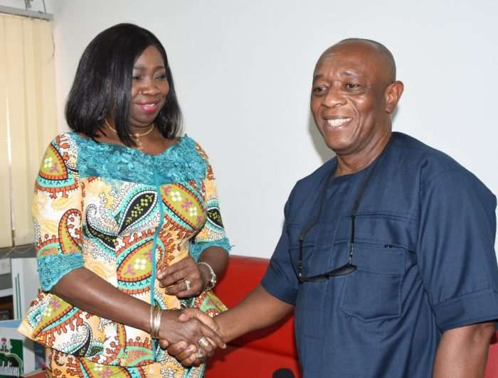 The Chairman NIDCOM, Mrs Abike Dabiri- Erewa and Prof. Augustine Nwagbara at a meeting on Thursday
