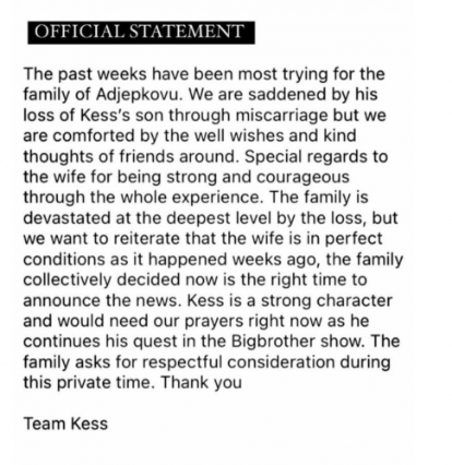 BBNaija star, Kess Loses his Son