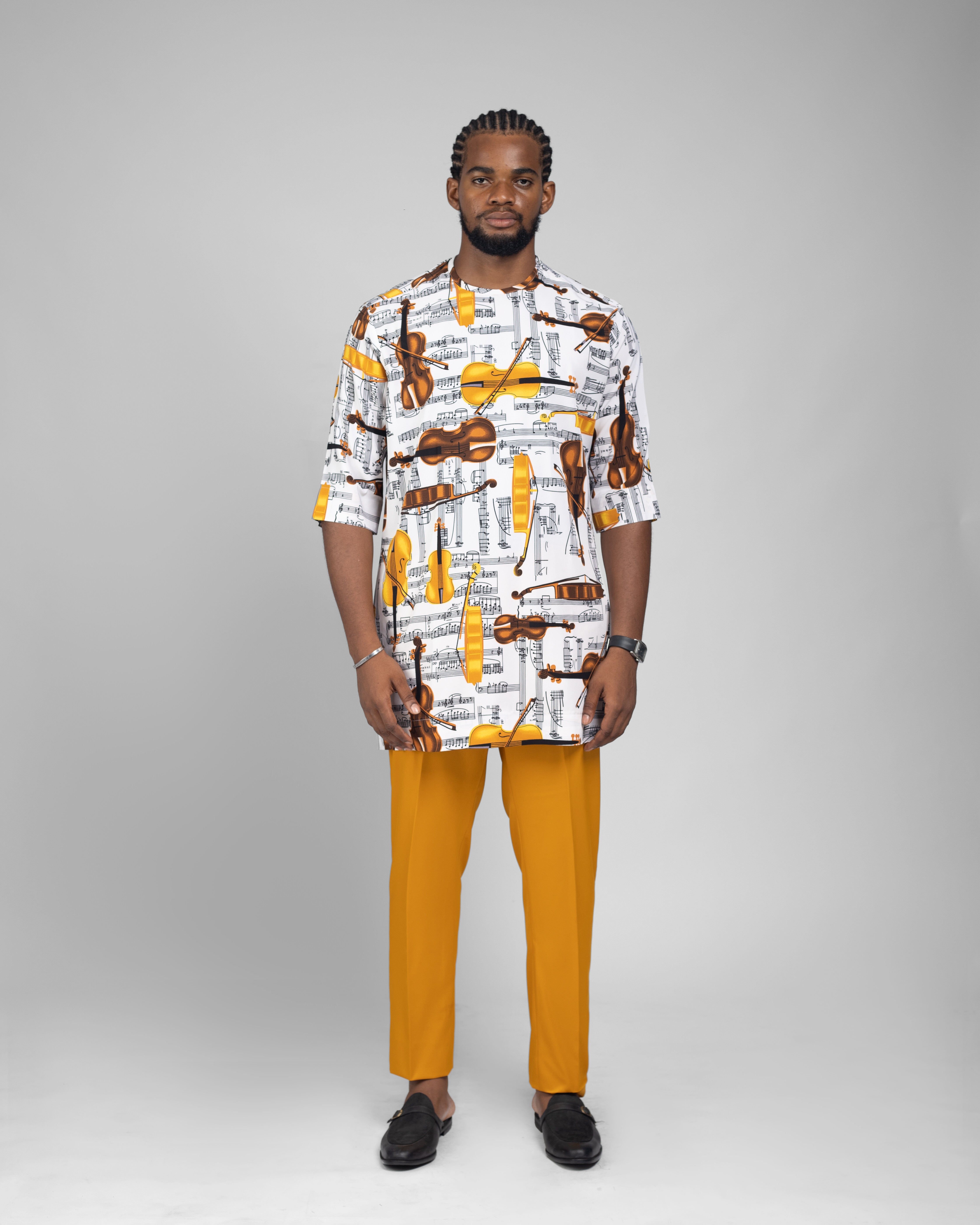 A Piano Pattern Two Piece Casual Wear With Yellow Trouser